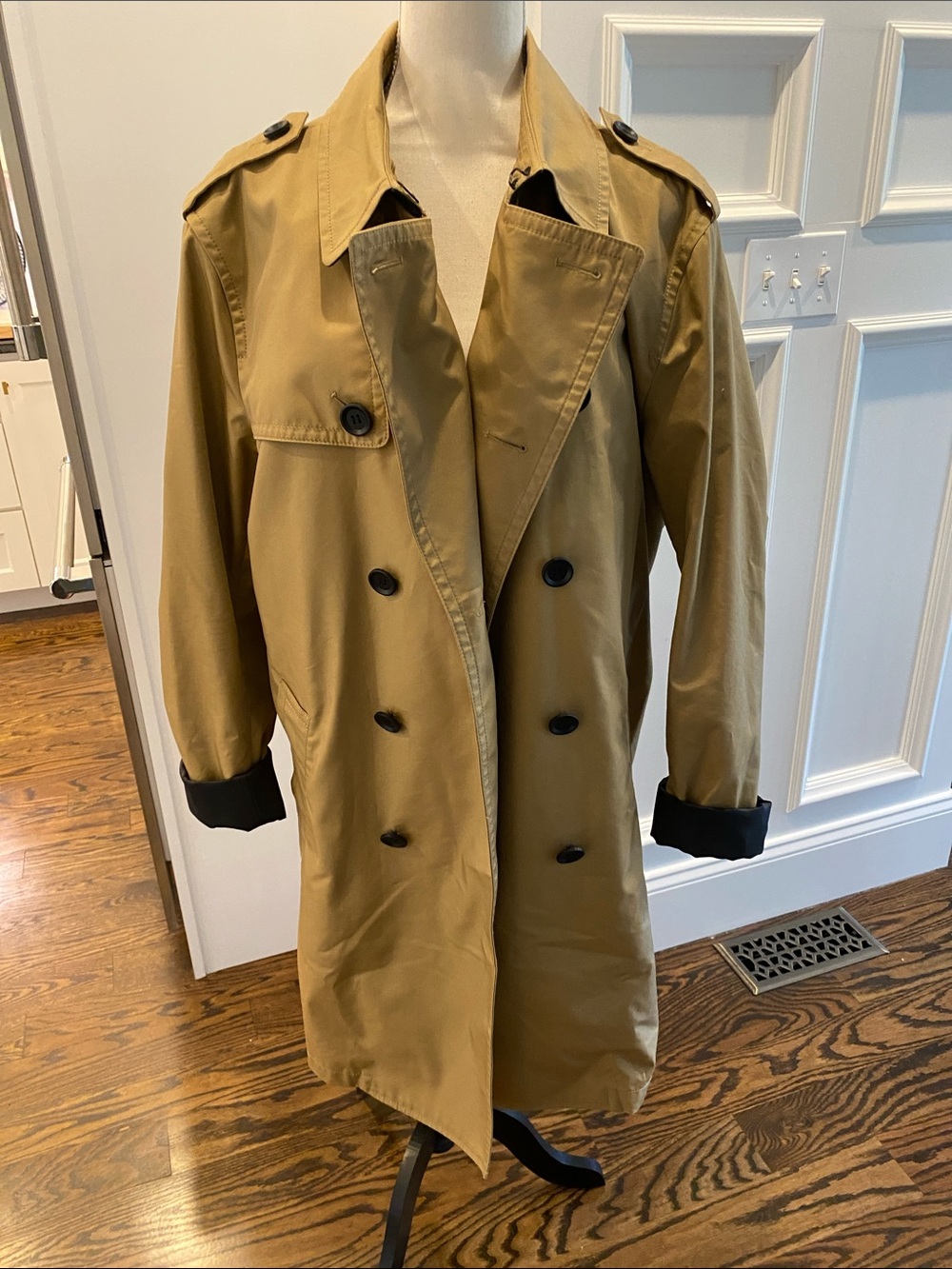 Coach Women's Tan Double-Breasted Trench Coat with Black Trim